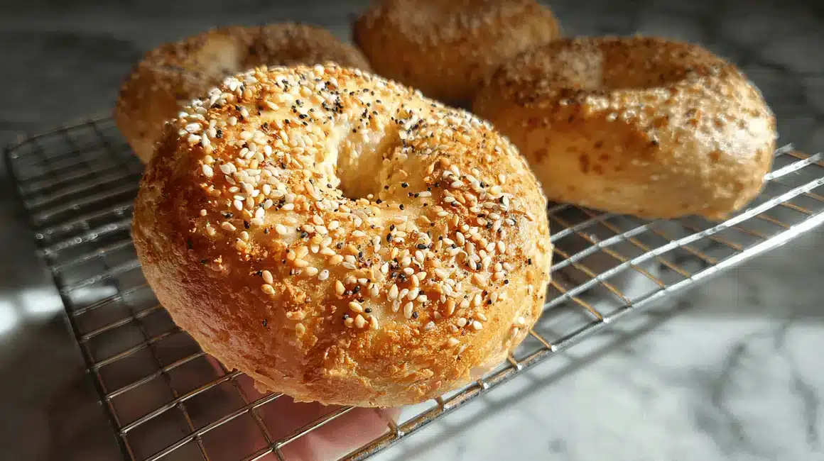 Freshly baked cottage cheese bagels topped with sesame seeds and spices cooling on a wire rack