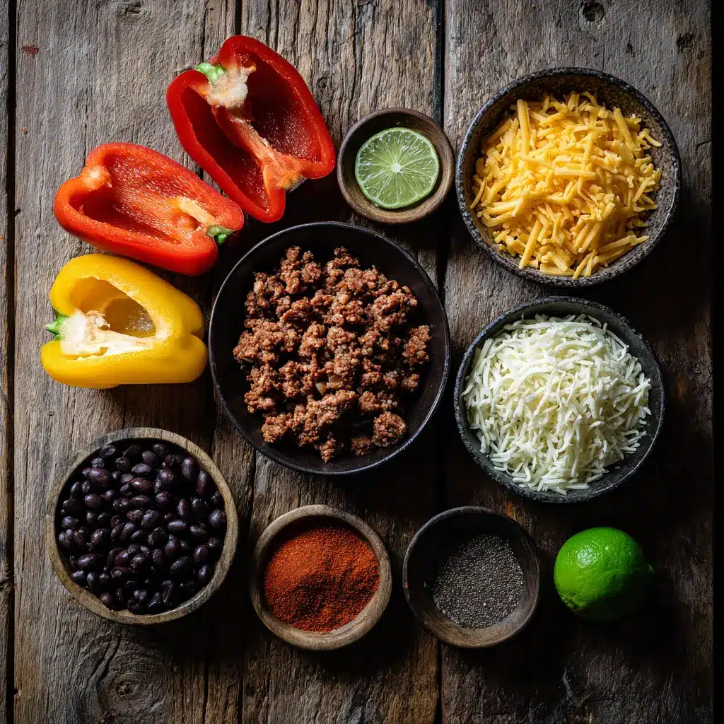 Bell Pepper Taco Bites: 4 Guilt-Free with Big Flavor 3 Ingredients for bell pepper taco bites arranged on a wooden board