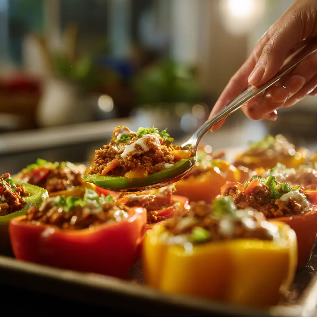 Bell Pepper Taco Bites: 4 Guilt-Free with Big Flavor 2 White woman preparing bell pepper taco bites on a tray