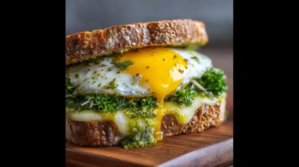 Pesto Breakfast Sandwich: A Vibrant 10-Minute Ritual to Energize Your Morning 2 Pesto breakfast sandwich with egg and melted cheese on toasted bread