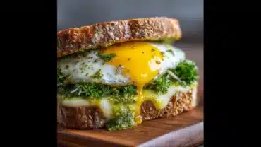 Pesto breakfast sandwich with egg and melted cheese on toasted bread
