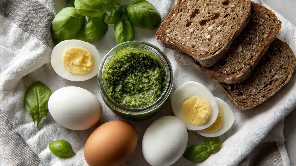 Pesto Breakfast Sandwich: A Vibrant 10-Minute Ritual to Energize Your Morning 3 Ingredients for making a pesto breakfast sandwich including bread, pesto, cheese, and eggs