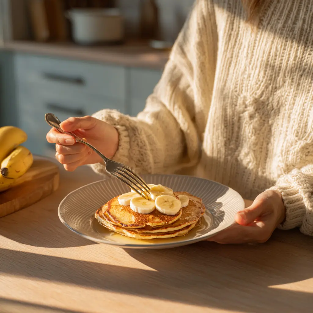 Banana pancake protein recipe that delivers 40g of blissful energy in every bite 5 Woman enjoying banana pancake protein recipe at breakfast table
