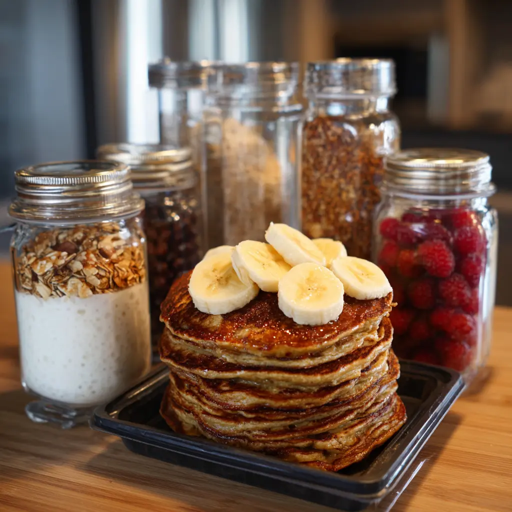 Banana pancake protein recipe that delivers 40g of blissful energy in every bite 3 Banana protein pancakes in meal prep containers with nut butter