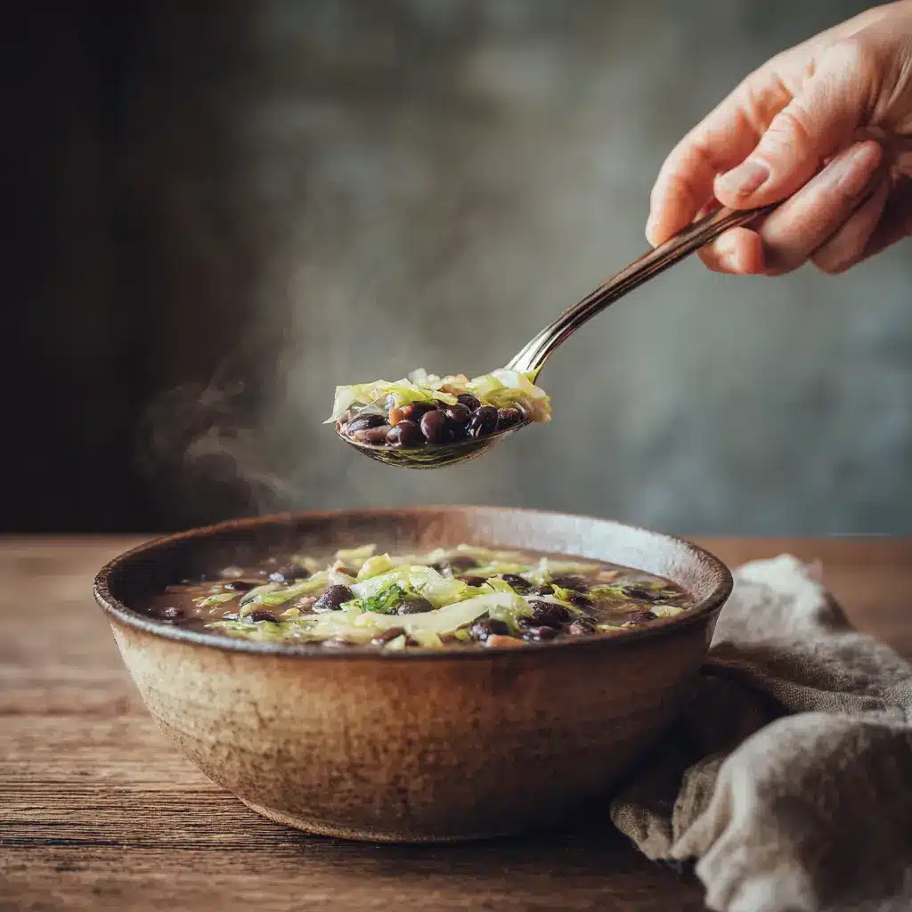 Black Bean and Cabbage Soup Is Your 16g Protein Boost to Feel Strong and Satisfied 5 person serving black bean and cabbage soup from bowl