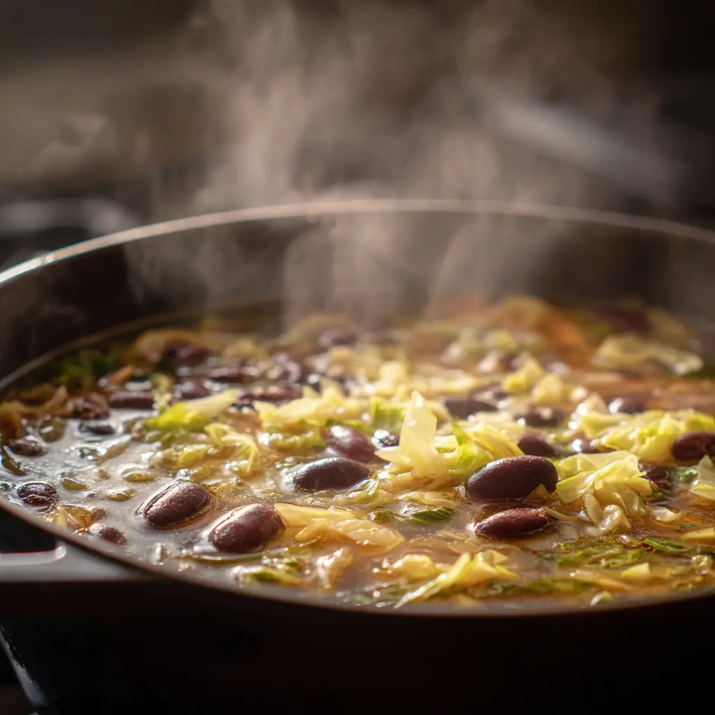 Black Bean and Cabbage Soup Is Your 16g Protein Boost to Feel Strong and Satisfied 2 black bean and cabbage soup simmering on the stove