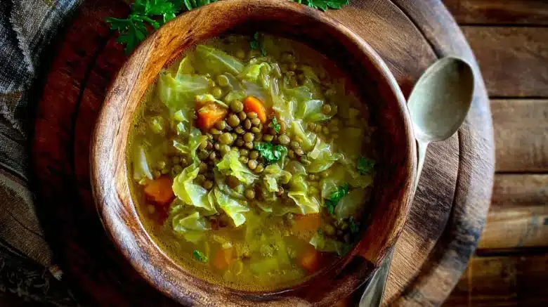 comforting bowl of cabbage soup with lentils recipe