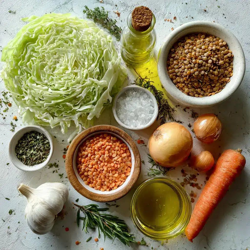 Cabbage Soup With Lentils Recipe Is Your 18g Protein Fix For Calm And Strength 3 ingredients for cabbage soup with lentils on kitchen surface