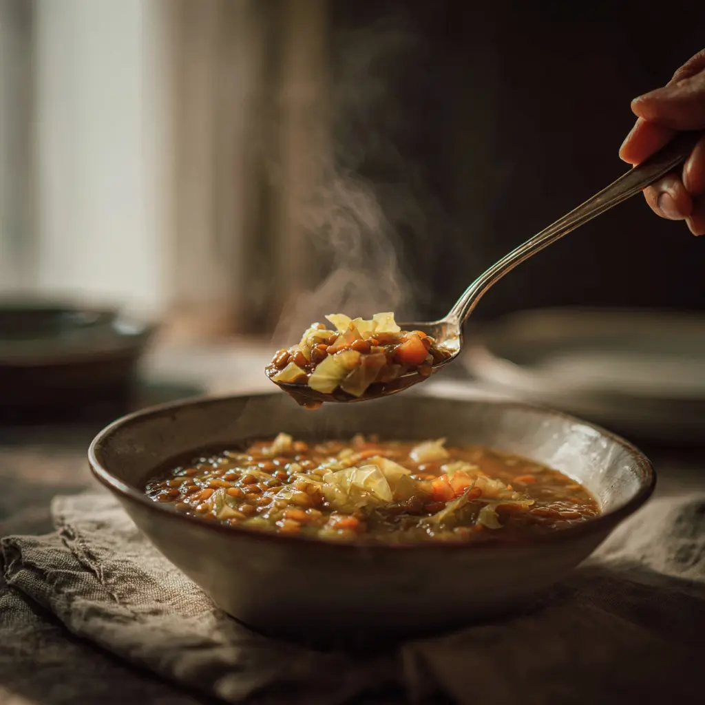 Cabbage Soup With Lentils Recipe Is Your 18g Protein Fix For Calm And Strength 5 person serving cabbage soup with lentils at the table