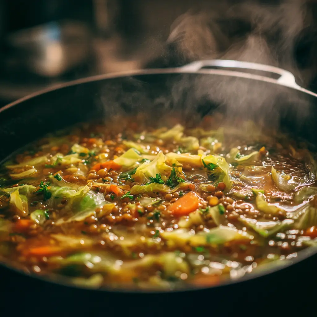 Cabbage Soup With Lentils Recipe Is Your 18g Protein Fix For Calm And Strength 2 pot of cabbage soup with lentils simmering on stove