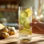 Woman holding a glass of cucumber lemon ginger water