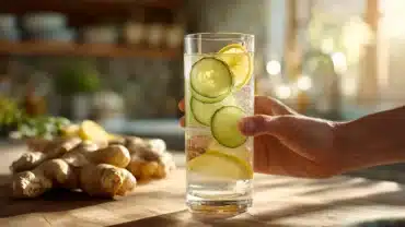 Woman holding a glass of cucumber lemon ginger water