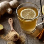 Glass of warm ginger drink with lemon and mint natural fat-burning remedy
