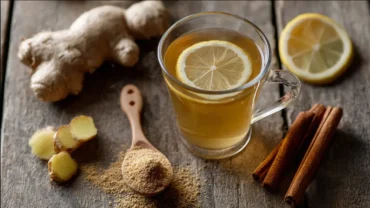 Glass of warm ginger drink with lemon and mint natural fat-burning remedy