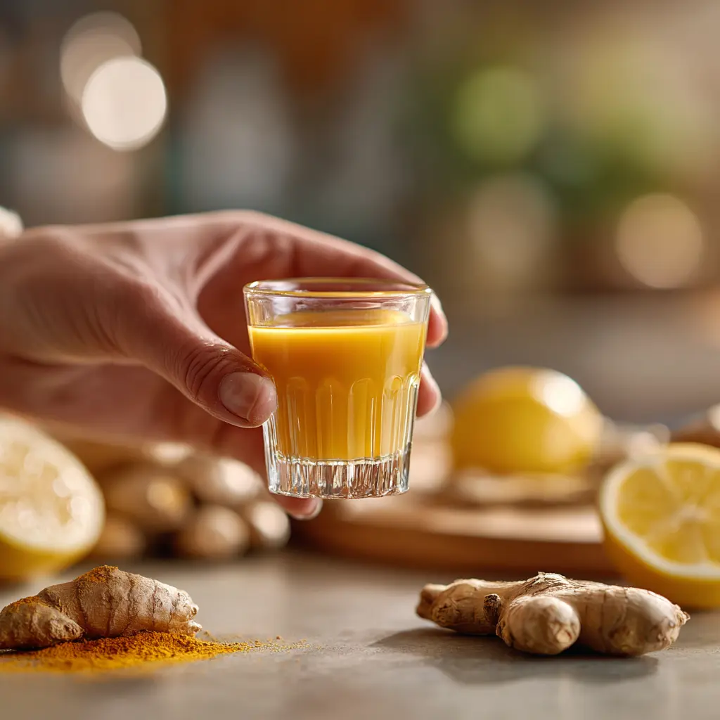 Ginger Turmeric Shots Recipe: 42-Calorie Fat‑Flush You’ll Love 2 holding ginger turmeric shots recipe in a glass
