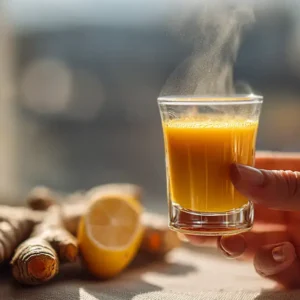 Hand holding lemon ginger turmeric powder shot recipe in morning light
