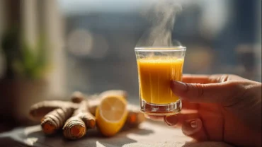 Hand holding lemon ginger turmeric powder shot recipe in morning light
