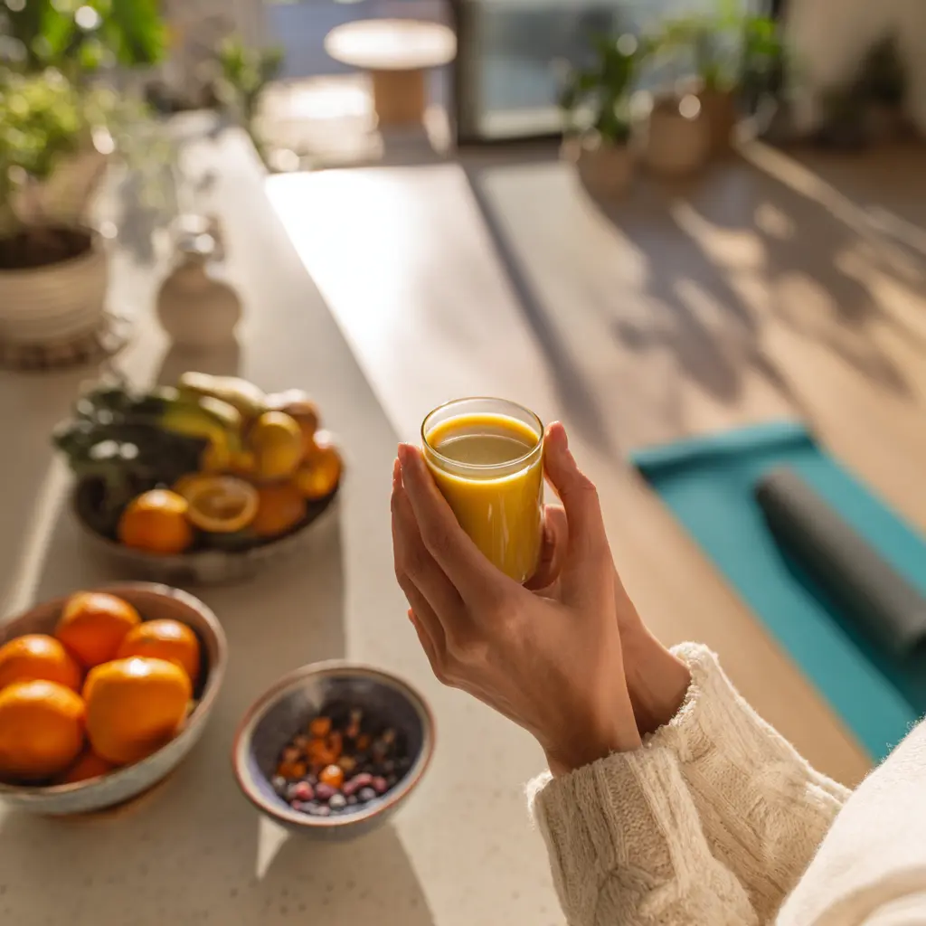 Lemon Ginger Turmeric Powder Shot Recipe For Weight Loss: 45-Calorie Belly-Fire Booster You’ll Love 2 Woman holding turmeric shot after workout