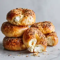 Protein Bagels Become Your Ultimate Obsession With 37g Of Pure Delight 4 Protein bagels topped with sesame seeds and everything seasoning, stacked and sliced to show fluffy texture