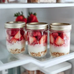 Strawberry Yogurt Parfait Recipe Packs 15g Protein for Calm Energy 4 strawberry yogurt parfaits prepped in jars for the week