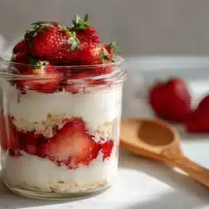 strawberry yogurt parfait recipe layered in a clear glass jar