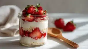 strawberry yogurt parfait recipe layered in a clear glass jar