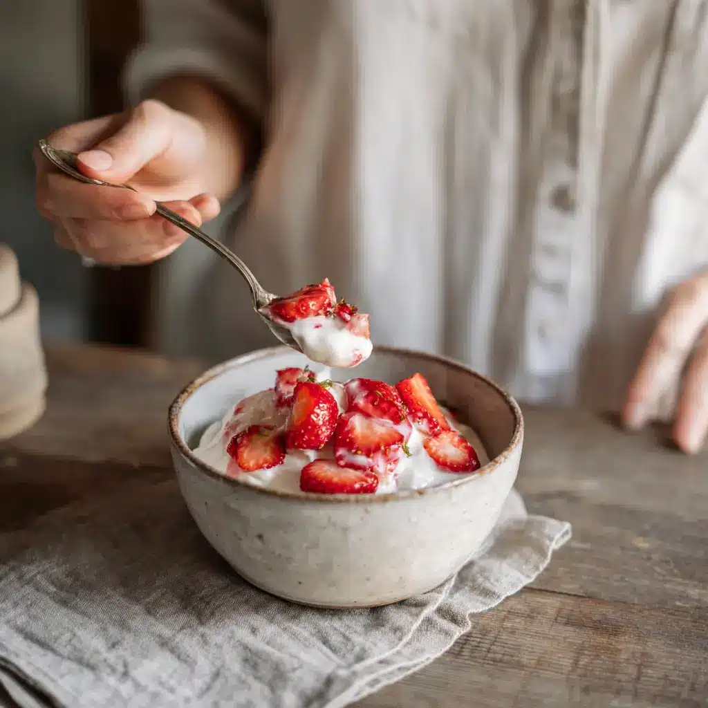 Strawberry Yogurt Parfait Recipe Packs 15g Protein for Calm Energy 5 woman enjoying a spoonful of strawberry yogurt parfait recipe