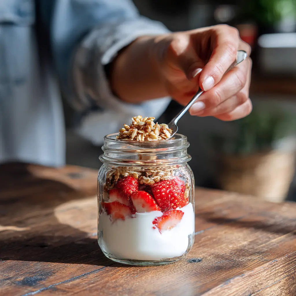 Strawberry Yogurt Parfait Recipe Packs 15g Protein for Calm Energy 2 layering yogurt, berries, and granola into a parfait