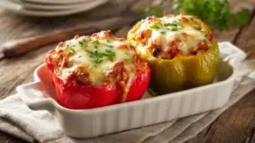 Baked stuffed bell pepper without rice with golden cheese