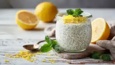 Creamy lemon chia pudding in glass jar with lemon zest