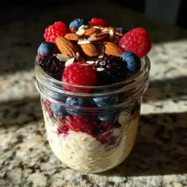 Blended overnight oats topped with fresh berries and almonds