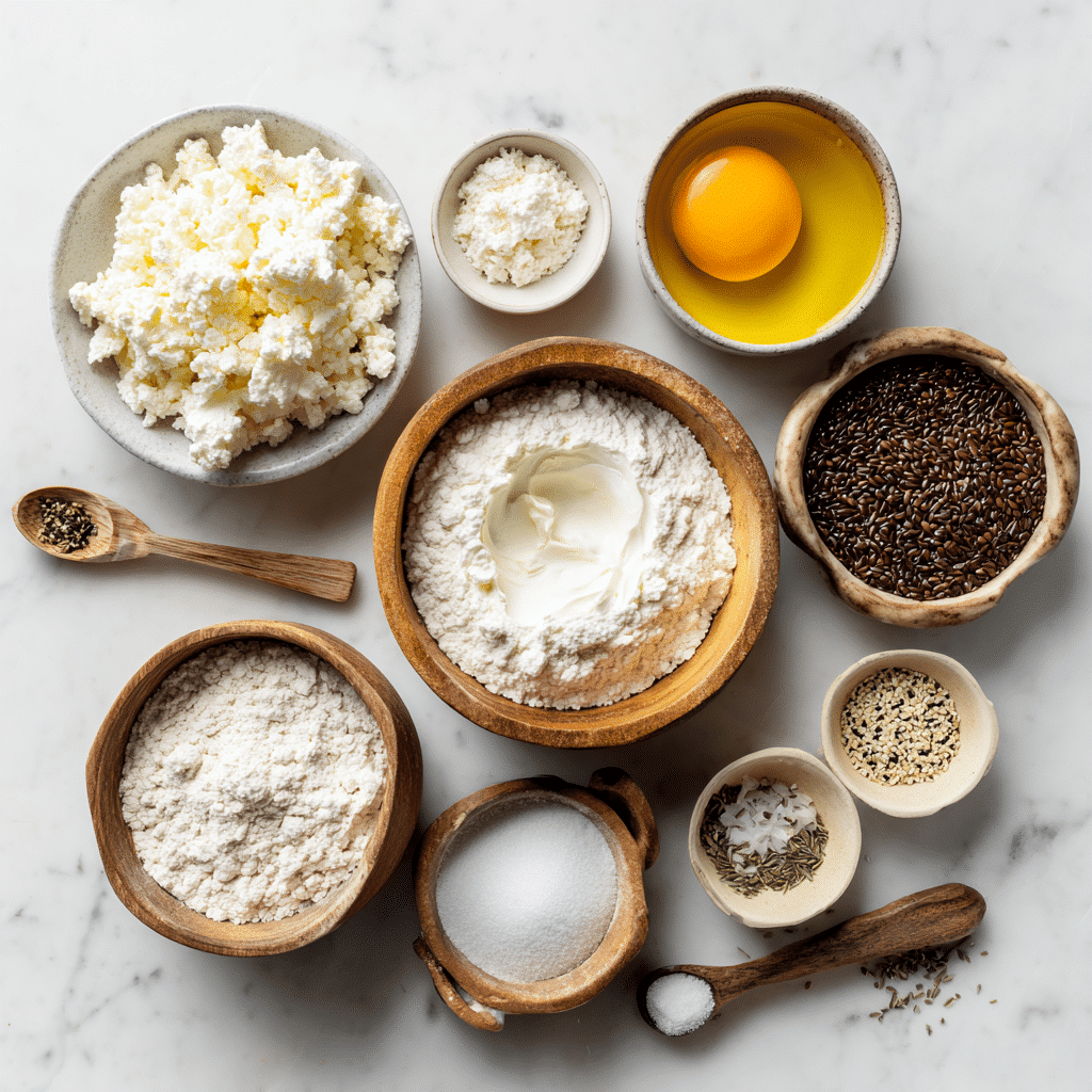 Ingredients for high-protein bagels on white marble