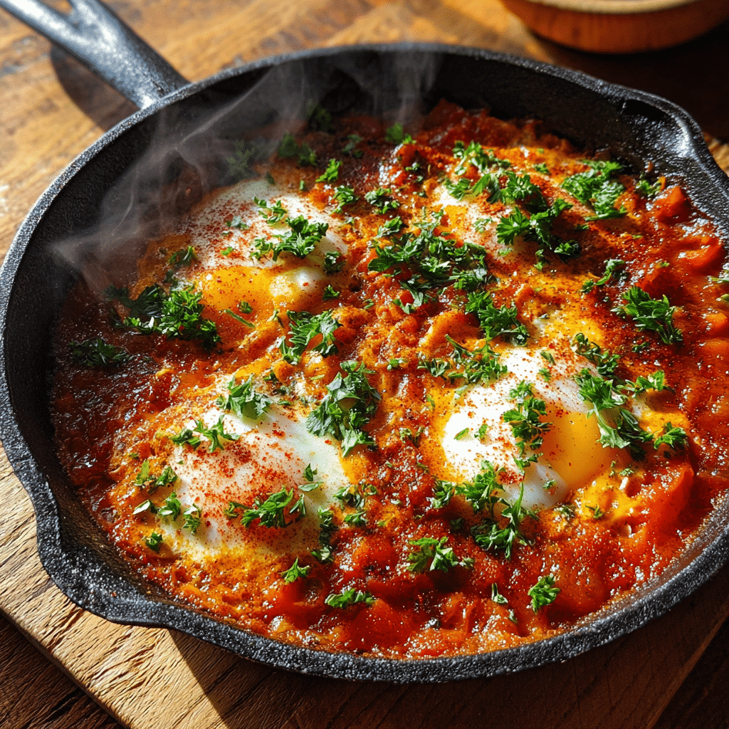 Low-calorie shakshuka pan with poached eggs and herbs