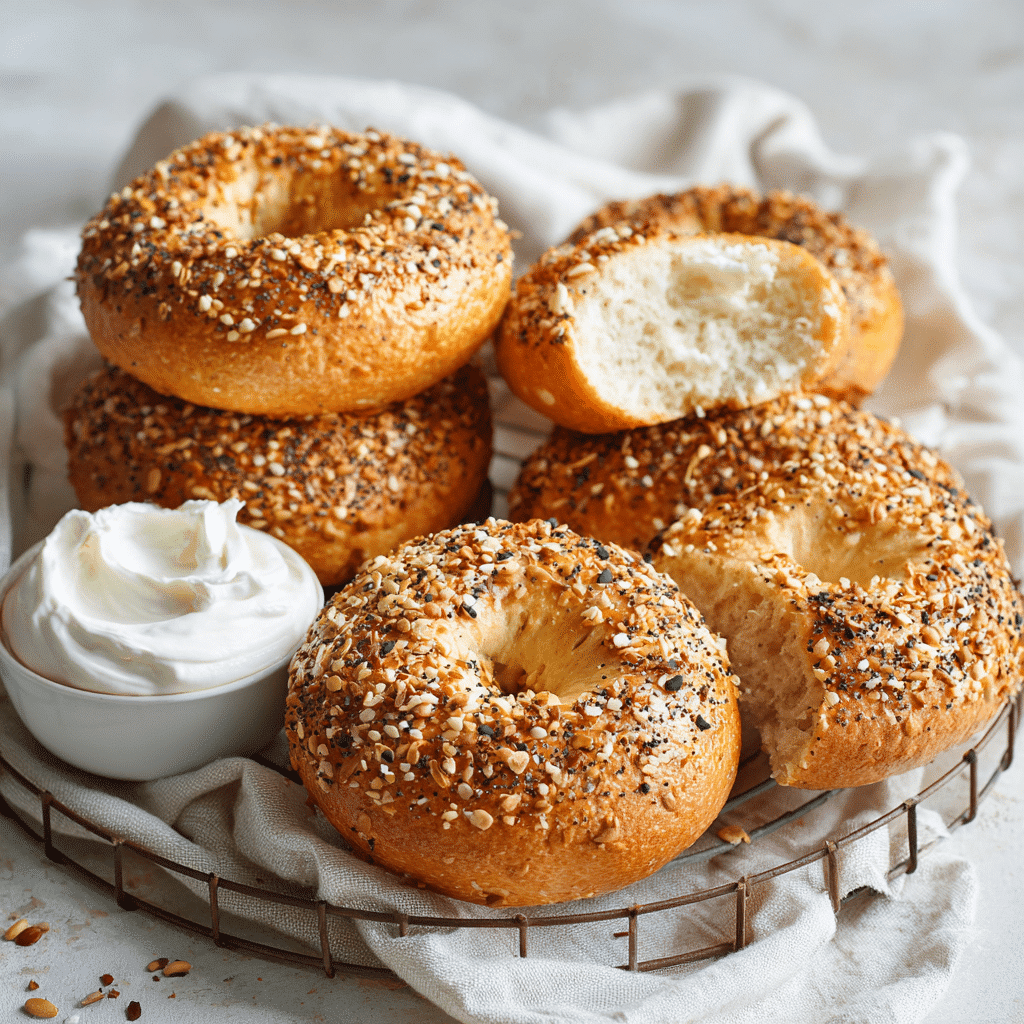 High-protein bagels with seeds on a cooling rack