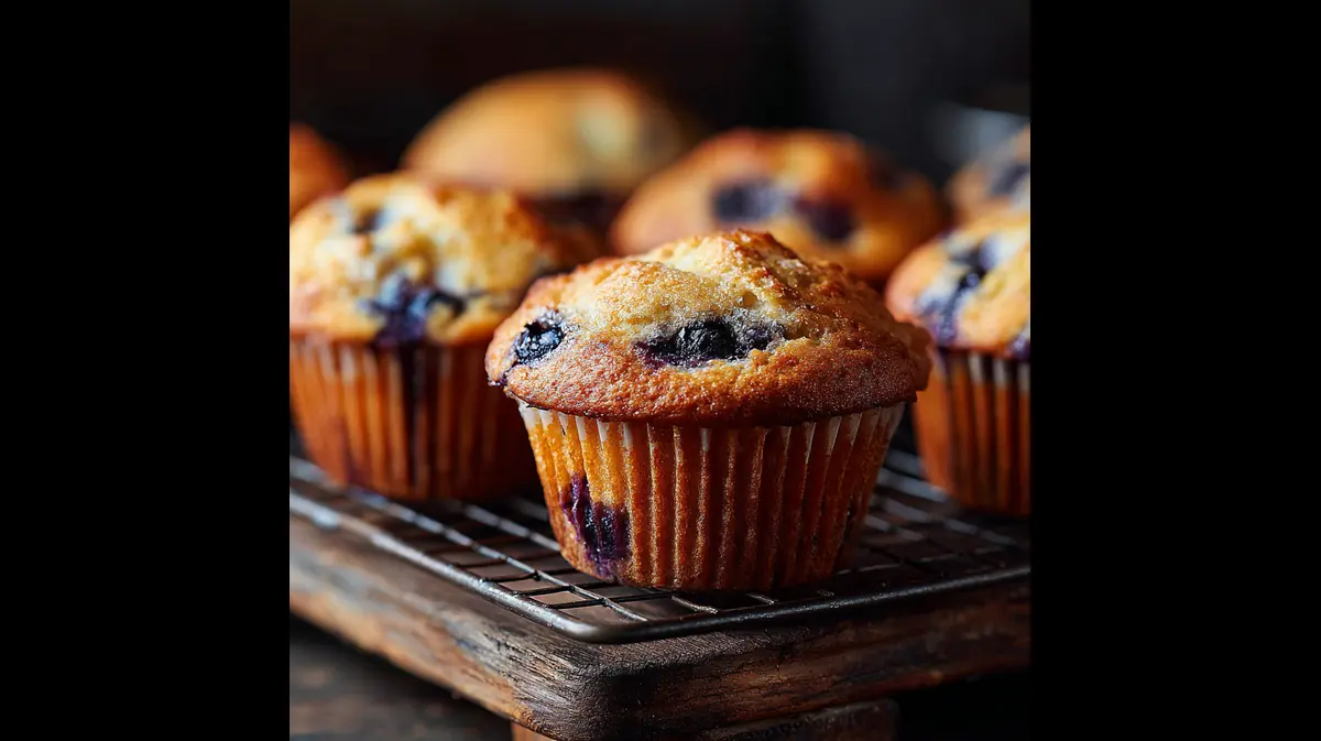 Freshly baked keto blueberry muffins cooling on a wooden rack with golden tops and juicy berries