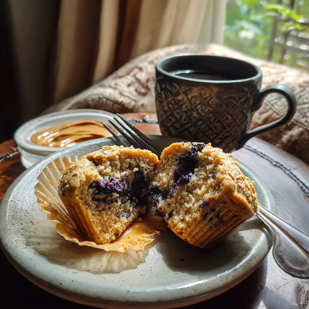 Keto Blueberry Muffins Bursting With Unforgettable Morning Magic With Only 110 Calories 5 Keto blueberry muffin sliced on a plate with almond butter and coffee