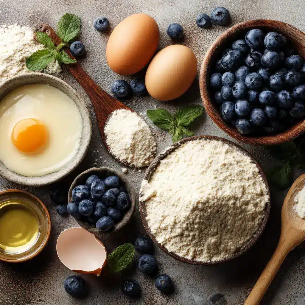 Keto Blueberry Muffins Bursting With Unforgettable Morning Magic With Only 110 Calories 3 Keto blueberry muffin ingredients including almond flour, blueberries, and coconut oil on a rustic kitchen counter