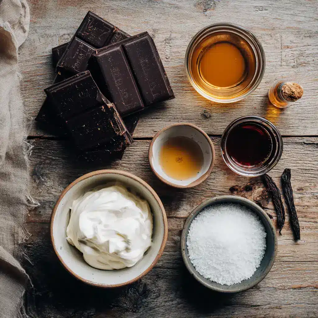 Ingredients for vegan chocolate mousse laid out on a rustic surface