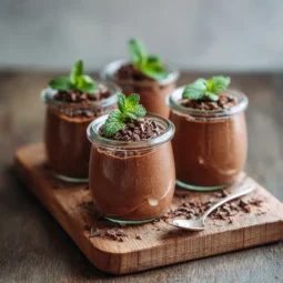 Vegan chocolate mousse served in jars topped with mint and chocolate shavings