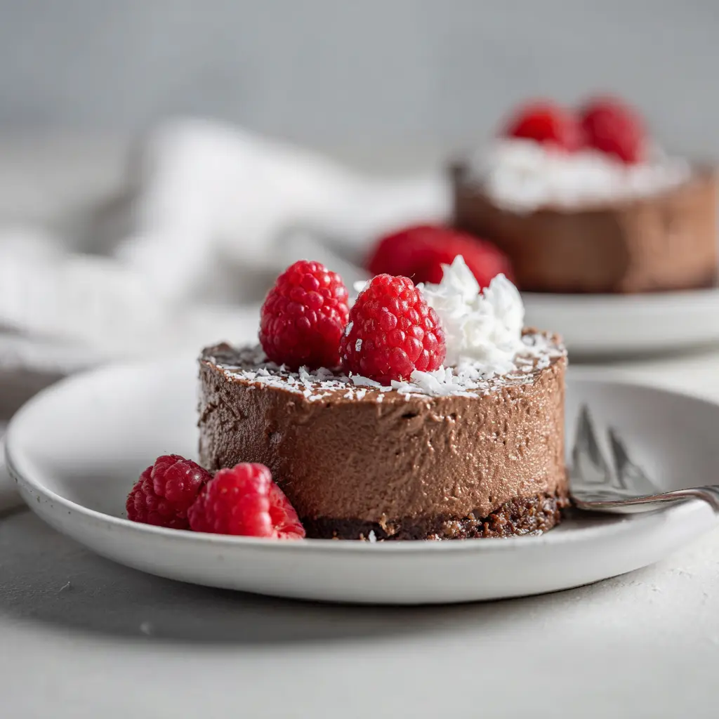 Simple serving of vegan chocolate mousse with raspberries and coconut cream