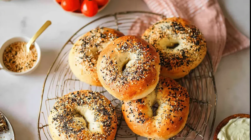 Protein Bagels Become Your Ultimate Obsession With 37g Of Pure Delight 2 Homemade protein bagels with everything seasoning on a cooling rack
