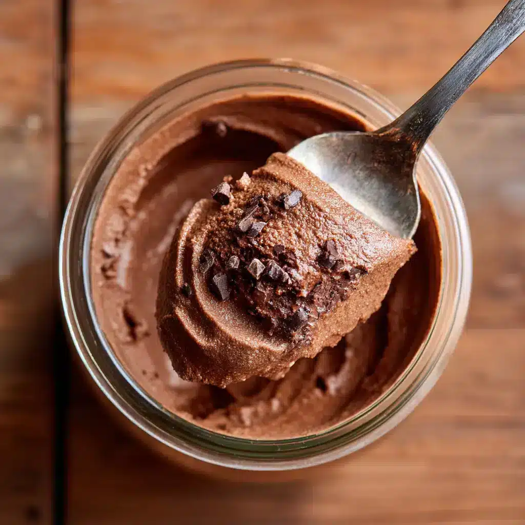 Spoon dipping into creamy vegan chocolate mousse in a jar