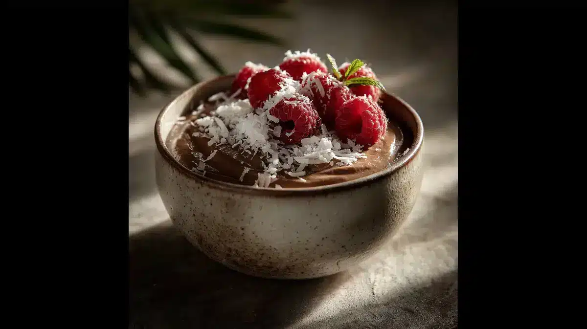 Vegan chocolate mousse in a bowl with coconut whip and raspberries