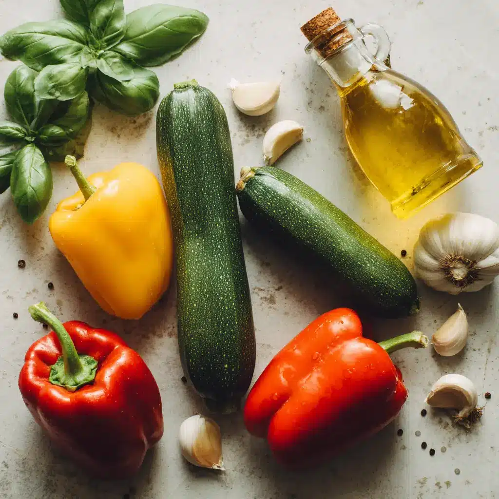Zucchini Bell Pepper Recipe: 4 Refreshing Twists to Elevate Energy 3 Zucchini, bell peppers, garlic, and herbs displayed as recipe ingredients