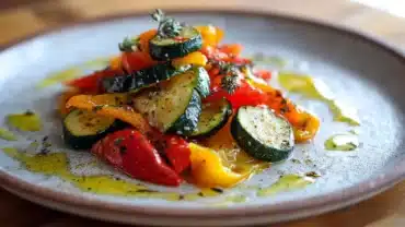 Colorful zucchini and bell pepper recipe stir fry served on a ceramic plate with fresh herbs