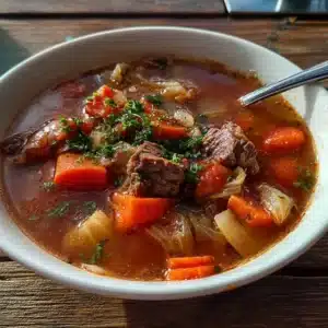 bowl of low calorie beef vegetable soup on wooden table