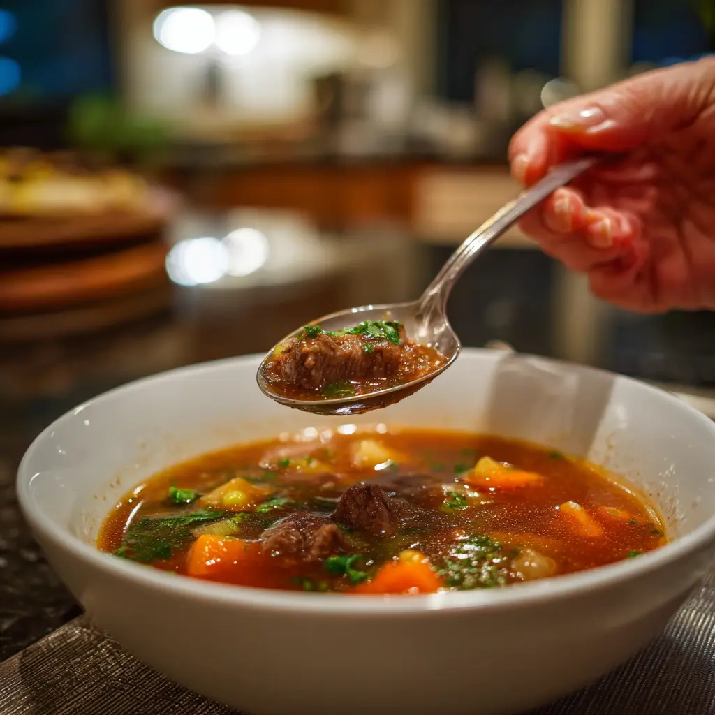 Low Calorie Beef Vegetable Soup Delivers 268 Energizing Calories In A Bold Bowl That Heals And Satisfies 5 hand holding spoonful of low calorie beef vegetable soup