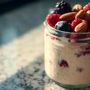 Blended Overnight Oats Pack 20g Protein for Vibrant Morning Energy 4 Blended overnight oats topped with fresh berries and sliced bananas in a glass jar