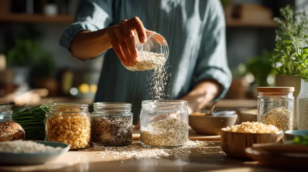 Blended Overnight Oats Pack 20g Protein for Vibrant Morning Energy 3 preparing blended overnight oats in glass jars