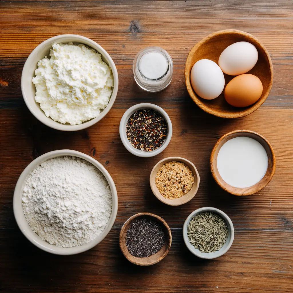 Revive Your Spirit with Powerful Cottage Cheese Bagels 2025 3 Flat lay of cottage cheese bagel ingredients cottage cheese, egg, flour, baking powder, salt, and everything bagel seasoning on a wooden surface.